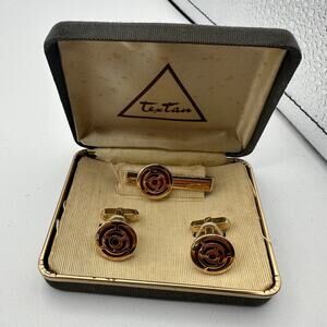 Vintage Tex Tan Cuff Links & Tie Clip Set Gold Tone Western Round Shape